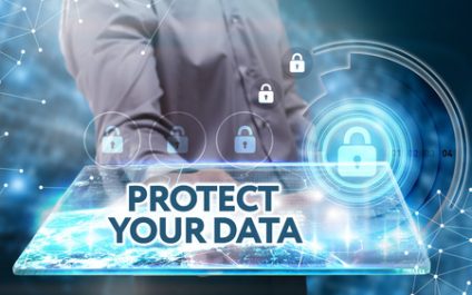 a man in a suit holding a tablet with the words protect your data