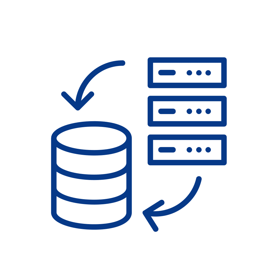 a blue icon depicting a server and a data link